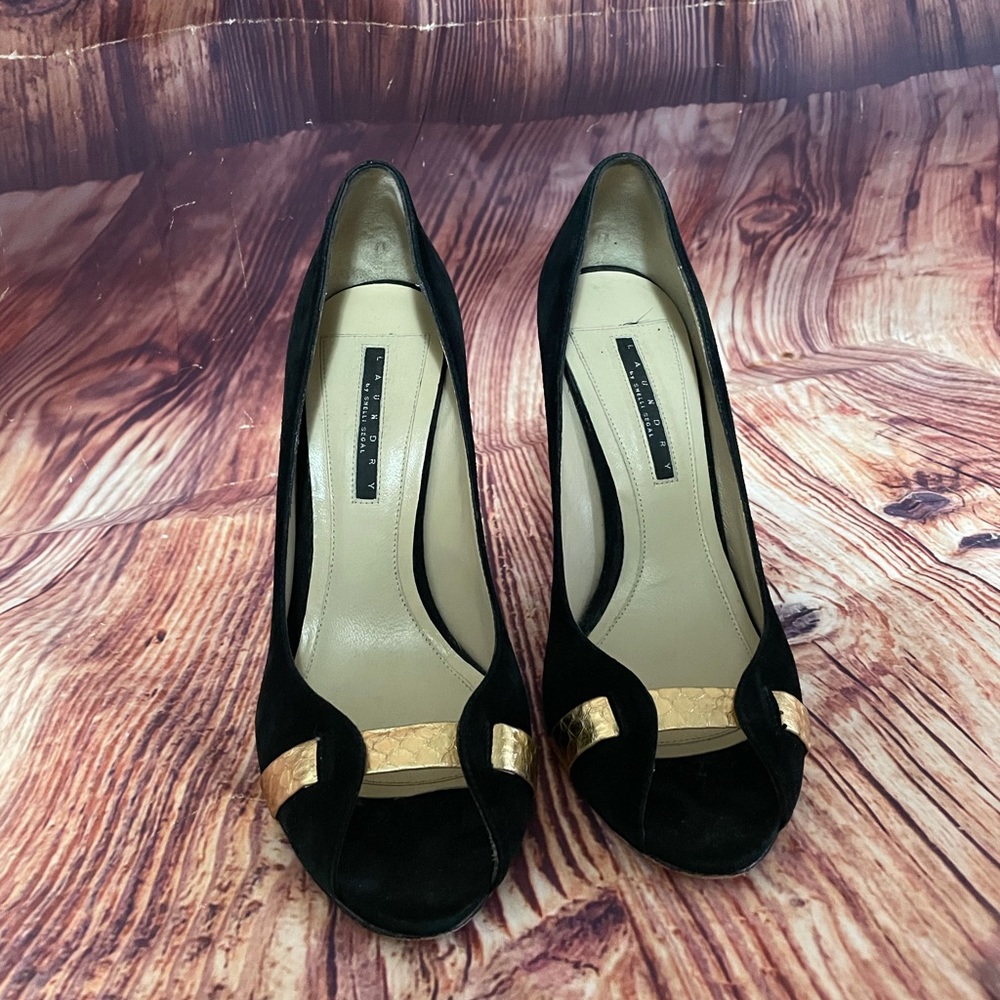 Black Suede and Gold Snakeskin Heels